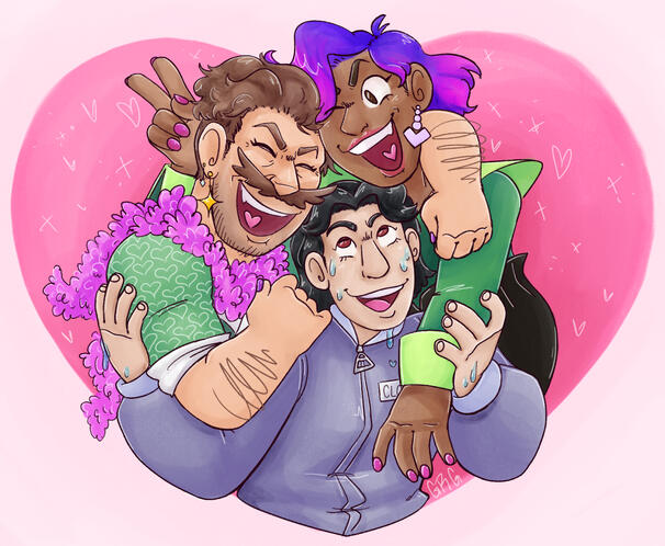 detailed shaded, half body, 3 character